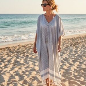 Buji Baja Turkish Cotton Nautical Striped Fringe Beach Kaftan Swim Cover OS